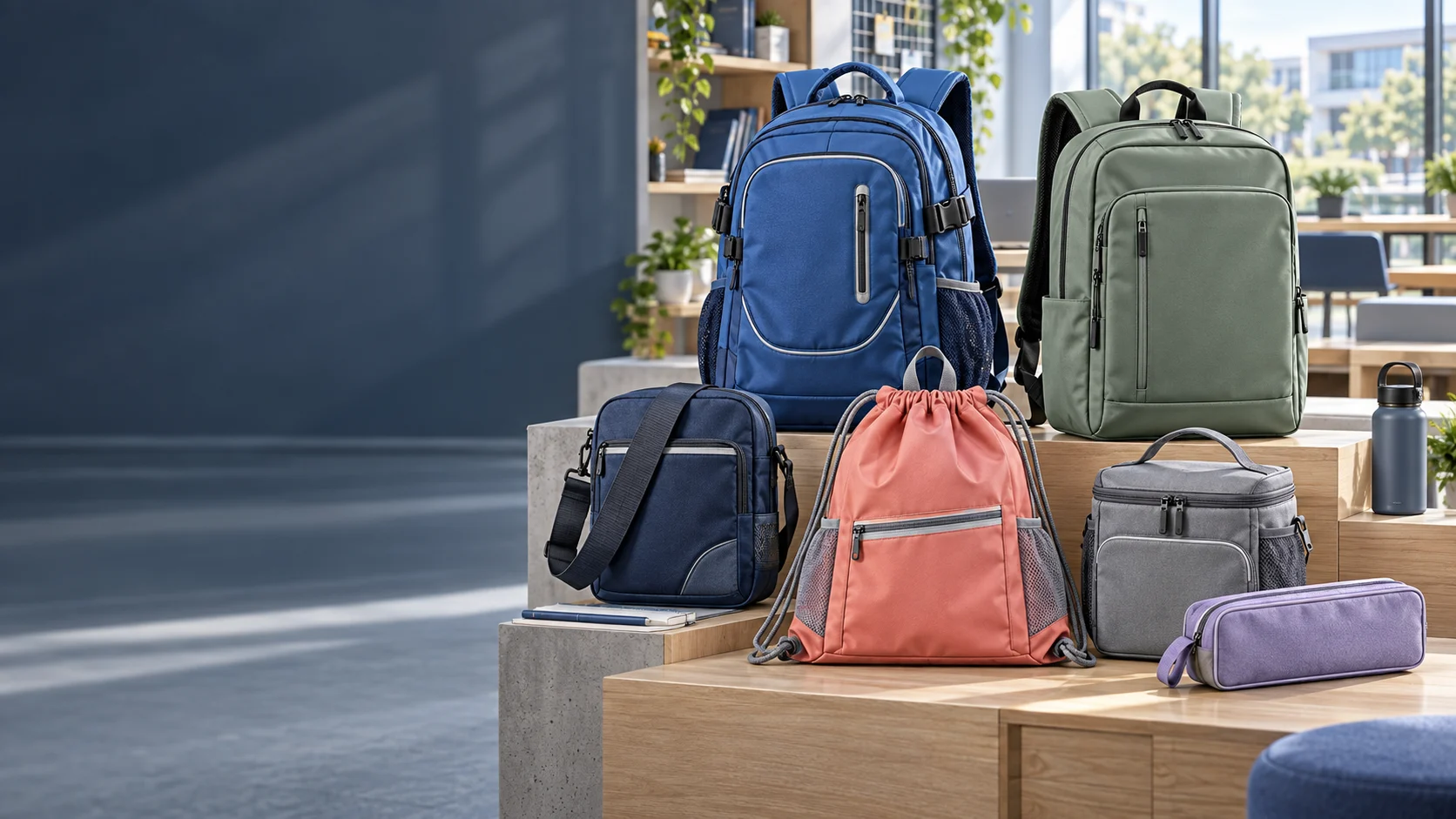 Contemporary student backpack, campus bag, lunch bag and accessory collection