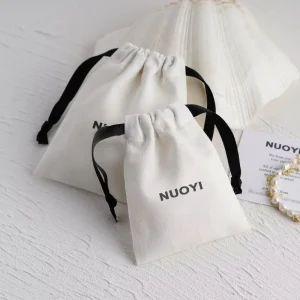 100 Pieces Custom Logo Drawstring Pouch White Cotton Canvas Dust Bag with Ribbon for Jewelry Packaging and Gift Giving