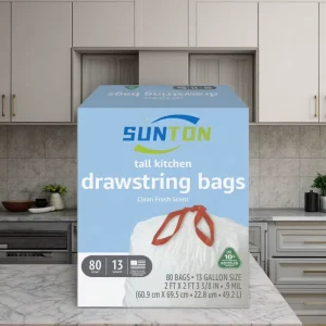 13-Gallon Draw String Trash Bags Custom Printed Plastic Waste Rubbish Bags in Rolls for Household Products Packaging