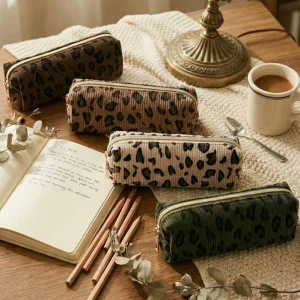 1pc Leopard Print Corduroy Pencil Case Large Capacity Zipper Portable Multi-functional Pen Pouch Multiple Colors School Office