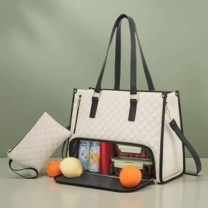 2 in 1 PU Zipper Insulated Handbag Combo Large Tote Womens Crossbody Set Waterproof Thermal Lunch Bag for Office Work