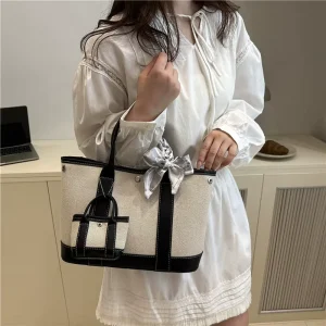 2 in 1 Set Handbags Top Handle with Scarf Decoration Luxury Handbag Large Tote Bag Canvas Shoulder Bags Purse for Lady