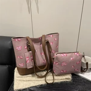 3 Pcs Set Cherry Print Tote Bag for Women Large Capacity Shoulder Handbag Cute Casual Shopping Bag with Small Pouch
