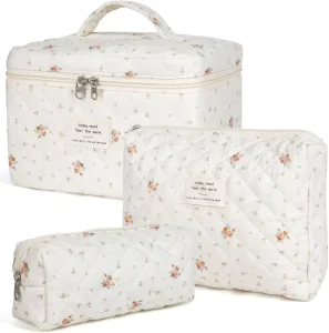 3 Pcs Set Warm and Fashionable Soft Floral Pattern Cosmetic Bag Lady Cosmetic Pouch Fluffy Makeup Bags for Women