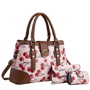 3PCS Set Vintage Cherry Print Large Tote Bag High Capacity Women Handbags Fashion Shoulder Crossbody Shopper Purse