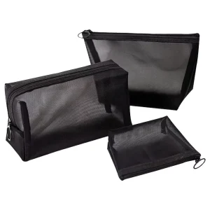 3Pcs Mesh Organizer Case Cosmetic Makeup Bag Set 3 Sizes Polyester Black Zipper Cosmetic Private Label Travel Custom Makeup Bag