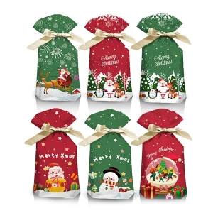 50 Pcs Pack Snowman Drawstring Ribbon Cookie Treat Bags Plastic Candy Bag Pouch for Xmas Merry Christmas New Year Party