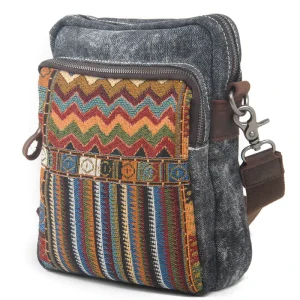 862 1 Bohemian Vintage Style Ethnic Thread Pattern Criss cross Decoration Zipper Closure Single Strap Canvas Shoulder Bag