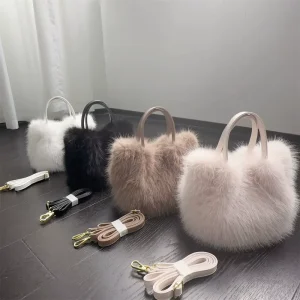 Autumn Winter Polyester Faux Fox Hair Vegetable Basket Tote Bag Small Square Shoulder Crossbody Handbag Women’s 465#