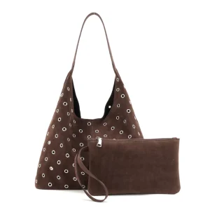 Autumn Winter Suede Large-capacity Letter Zip Two-piece Set Women Studded Bag Eyelet Cutout Shoulder Handbag