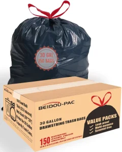 BEIDOU PAC 30 Gallon Gravure Printed PE Trash Bags Drawstring 150 Count Heavy Duty Black Unscented Household Use