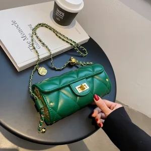 Babylon Retro Simple Women’s Shoulder Bag Fashionable Crossbody Golden Ball Cylinder Zip Diamond Chain Strap Small Cylinder