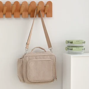 Beige Corduroy Insulated Lunch Bag Portable Thermal Food Bag with Adjustable Strap for Work School Picnic & Meal Storage