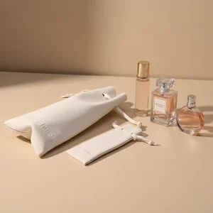 Beige Debossed Microfiber Jewelry Drawstring Bag Perfume Bracelet Packaging Rectangle Pouch