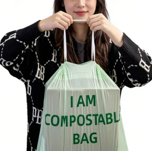 Biodegradable Compostable Durable 30 Micron Drawstring Garbage Bags with PBAT+PLA+Corn Material Gravure Printing Custom Size