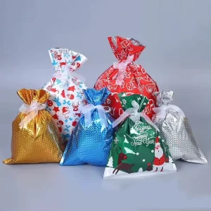 Birthday Party Christmas Holiday Santa Drawstring Candy Small Gift Wrapping Bags with Ribbon Tie