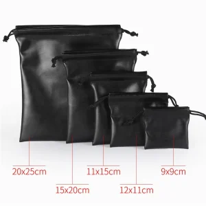 Black PU Leather Jewelry Packaging Pouch Custom Logo Drawstring Jewelry Gift Bag