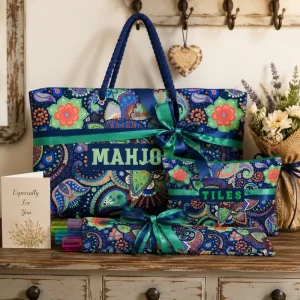 Bohemian Style American Mahjong Bag Set Paisley Pattern Large Capacity Portable Storage Bag Ethnic Game Accessory Gift Set