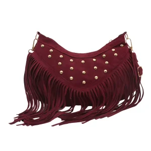 Bohemian Style Single Handle Carving Crossbody Bag Clutch Portable Tassel Stone Decorated Luxury Saddle Shape Zipper Polyester