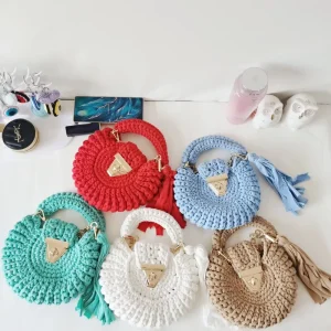 Bohemian Women’s Solid Color Cloth Crochet Bag Round Tassel Elegant Women’s Bag Single Shoulder Diagonal Cross Women
