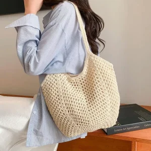 Boho Hollow Crochet Tote Bag Large Capacity Beach Shoulder Bag for Women Casual Summer Handbag with Woven Mesh Design