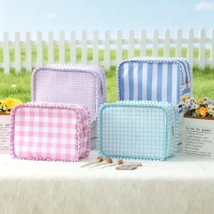 Boutique Gingham Ruffled Lace Cosmetic Tote Bag Portable Large Capacity Check Pattern Travel Lace Makeup Organizer Toiletry Bag