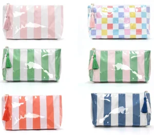 Boutique PVC Checkered Makeup Bag Stripe Waterproof Makeup Bag Portable Travel Toiletry Organizer Color Blocked Makeup Bag