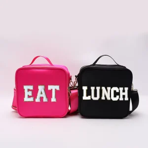 Bright Candy Colors Lunch Bags Pink Black Double Zippered Waterproof School Cooler Adjustable Strap Lunch Kit for Kids Students