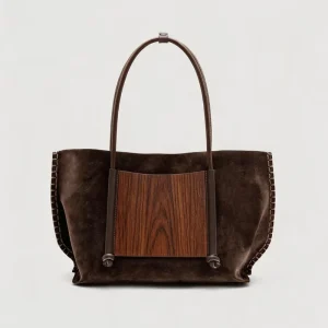 Brown Women Suede Leather Vintage Fashion Classic Wooden Texture Thread Decorated Two Zipper Rivet Medium Commut Handbag