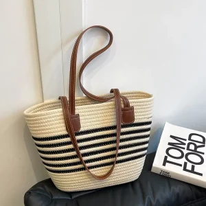 Bucket Shape Woven Straw Bags Large Capacity Summer Single Shoulder Bag Textured Beach Bag