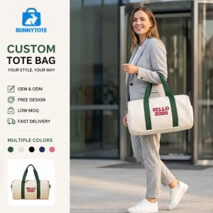 BunnyTote Custom Embroidery Letter Canvas Duffle Bag MOQ100 Wide Hand Straps Detachable Shoulder Strap Zipper Gym Travel Handbag