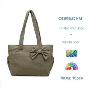 Butterfly Knot Large Capacity Nylon Travel Totebag Unisex Zipper Closure Embroidery Checkered Cotton Padded Casual Shoulder Bag