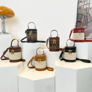 Canvas Splicing PU Leather Tote Bag Single Strap Crossbody Cylinder Bucket Bag with Zip Closure