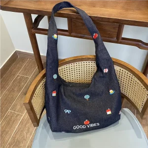 Cartoon Embroidery Denim Crossbody Bag for Women Large Capacity Ladies Shoulder Bag College Style Girls Tote Handbag