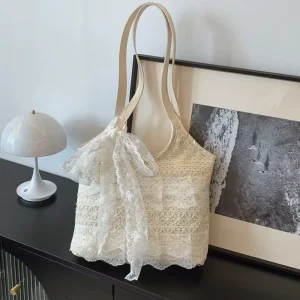 Casual Lace Vacation Style Women Shoulder Bag Large Capacity Patchwork Ladies Commuter Tote Bags Sweet Bow Ribbon Female Handbag