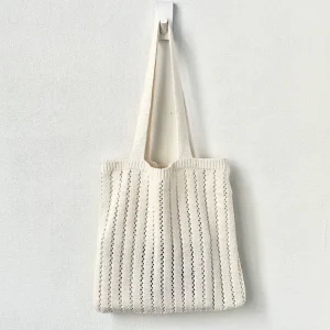 Casual Lightweight Knitted Solid Color Shoulder Tote Bag for Women Boho Style Beach Hobo Handbag Portable Shopping