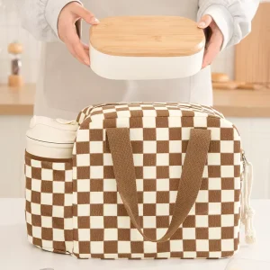 Checkered Lunch Cooler Bag Kids Travel Thermal Insulated Lunch Box for Picnic Cooler Bag