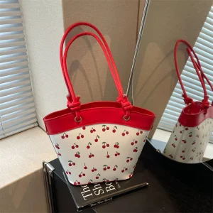Cherry Pu Cartoon Printed Shoulder Crossbody Bag Two Straps Large Capacity Cute Zipper Polyester Street Daily Use
