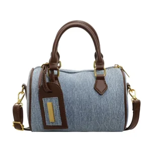Classic Denim Boston Handbag Ladies Retro Style Top Handle Crossbody Shoulder Bag with Detachable Strap
