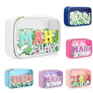 Clear Nylon Mahjong Tile Storage Bag with Chenille Letter Patches for Travel and Home