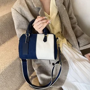 Color Block Denim Handbag for Women Fall Winter New Arrival Stylish Tote Boston Bag with Niche Design Crossbody Shoulder Bag