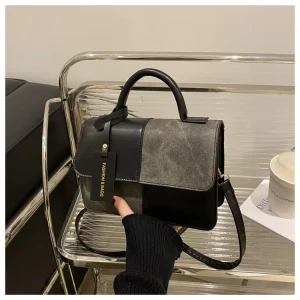 Color Blocking Mini Tote Bag Waterproof PU Leather Shoulder Bag with Magnetic Buckle Ladies Office Commute Daily Use