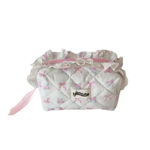 Coquette Style Ruffle Trim Quilted Pencil Case Floral & Bow Print Frill Edge Pen Organizer Soft Padded Stationery Pouch