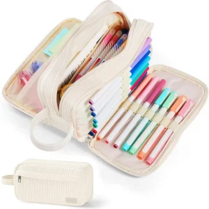 Corduroy Large Capacity Pencil Case 3 Multi Compartments Pen Pouch Bag Portable Cosmetic Makeup Bag for School Office Travel