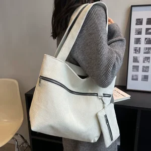 Corduroy Shoulder Bag for Korean Women Simple Handbag Double Zipper Crossbody Tote