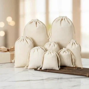 Cotton Linen Drawstring Bag with Printed Logo Jewelry Storage Dust Proof Pouches in Multiple Sizes