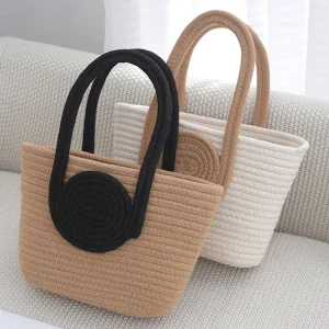 Cotton Rope Striped Woven Crochet Summer Beach Tote Handbag Travel Resort Holiday Cotton Rope Tote Shoulder Bag
