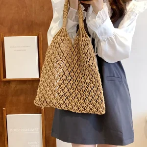 Cotton Rope Woven Women’s Bag Summer Hollow Fishnet Two Straps Casual Vacation Handbag Mesh Shopping Tote Bag