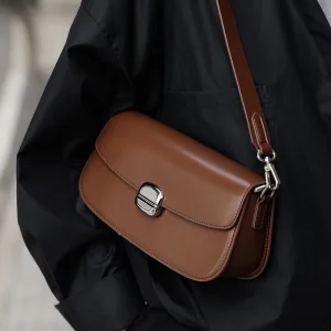 Cowhide Women’s Fashionable All Match Middle Square Zip Two Straps New Niche Design Under Arm Shoulder Crossbody