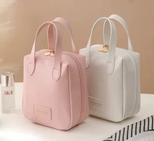 Cream Color Fashion Modern PU Zipper Cosmetic Organizer Bag Makeup Pouch for Women Vertical Travel Bag